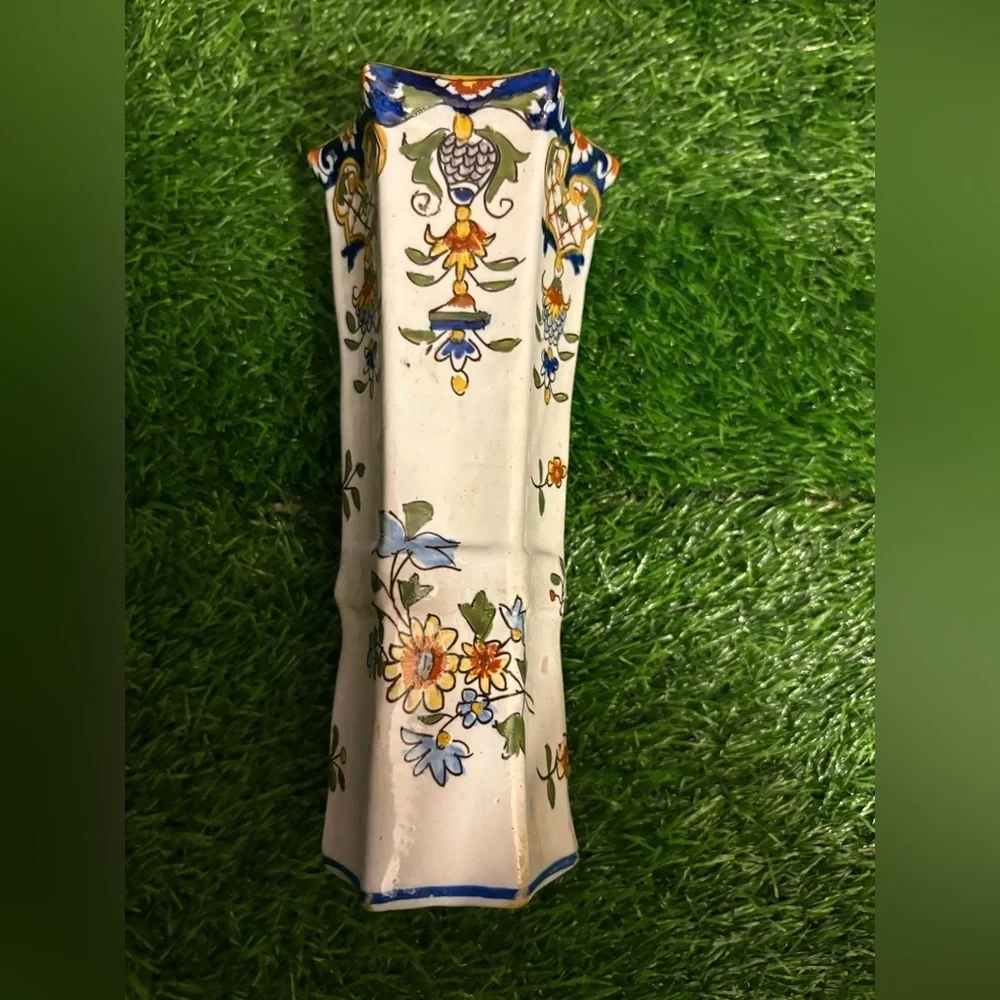 Unbranded 19th Century French Hand Painted Faience Trumpet Vase from Normandy.
